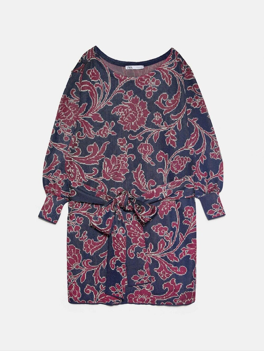 🆕️ Zara Floral Knit Jacquard Tie-Waist Dress - Navy & Burgundy